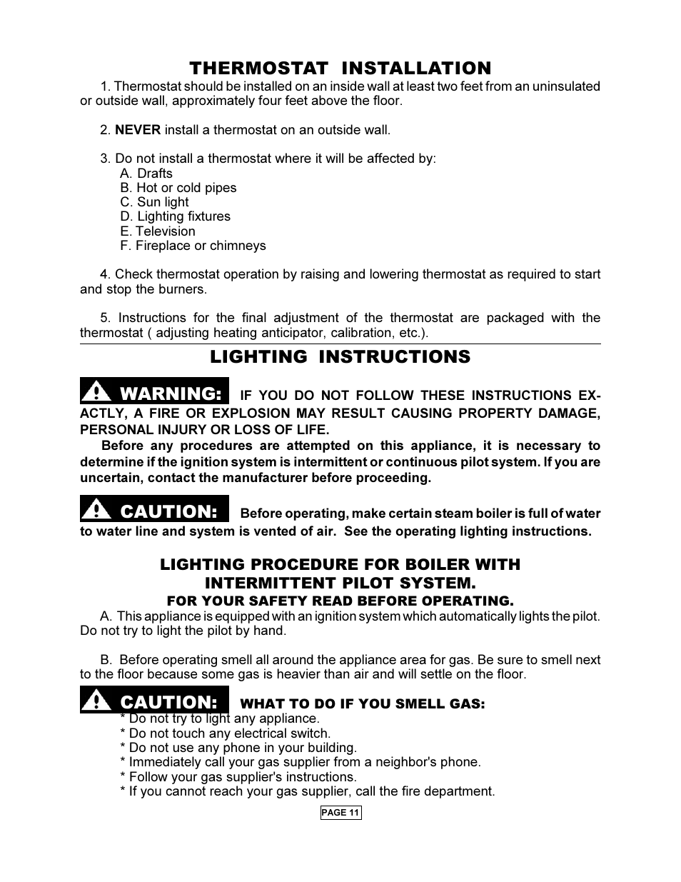 Caution, Thermostat installation, Lighting instructions warning | Utica PEG-C User Manual | Page 13 / 28