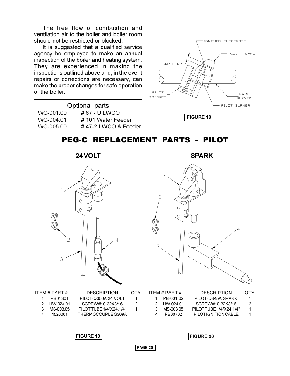 Peg-c replacement parts - pilot, Optional parts, 24 volt | Spark | Utica PEG-C User Manual | Page 22 / 28