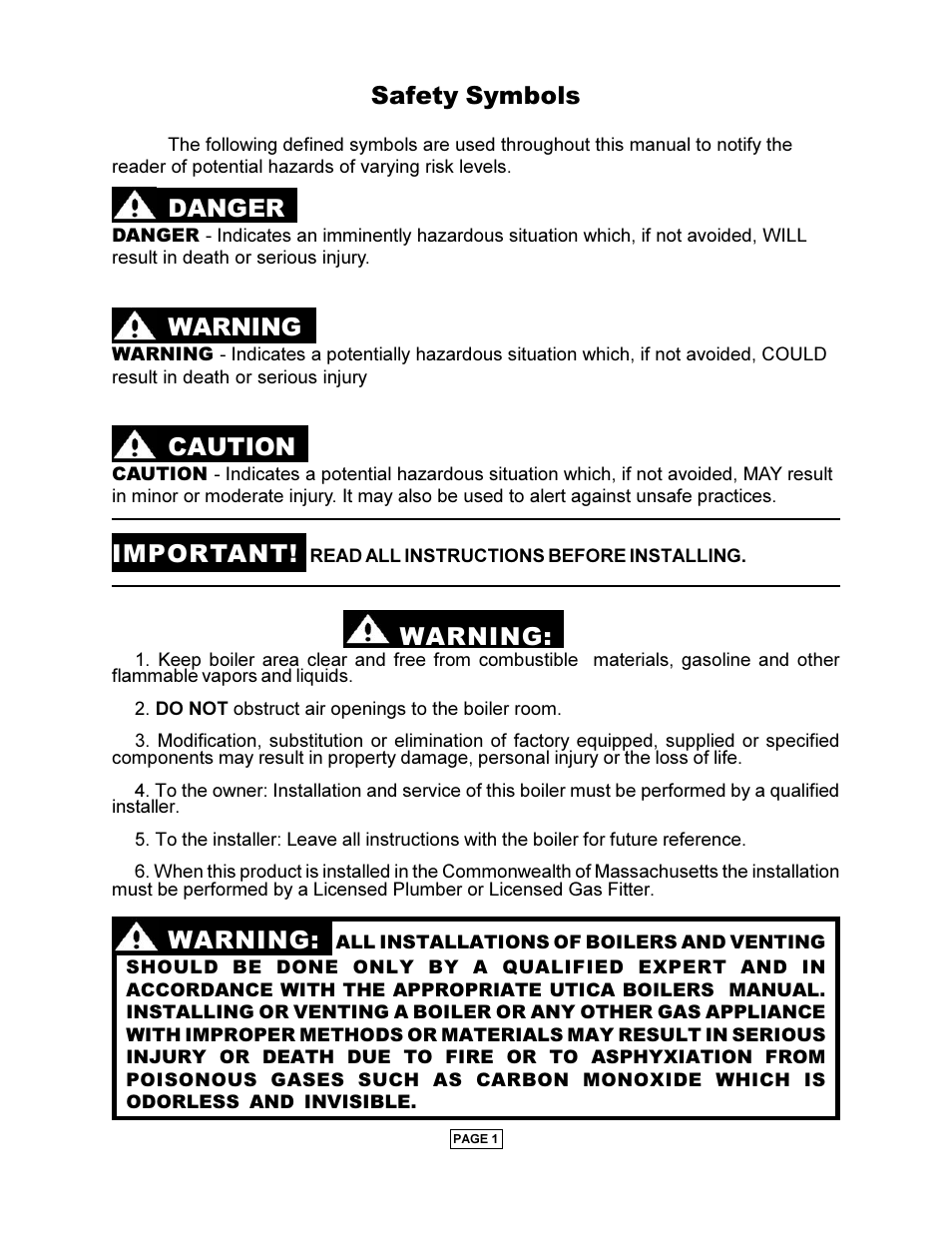 Important, Warning, Danger | Caution, Safety symbols | Utica PEG-C User Manual | Page 3 / 28
