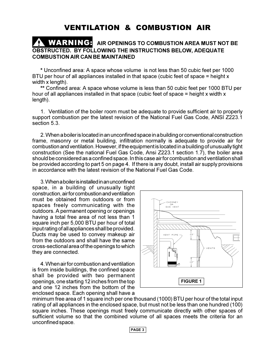 Ventilation & combustion air warning | Utica PEG-C User Manual | Page 5 / 28