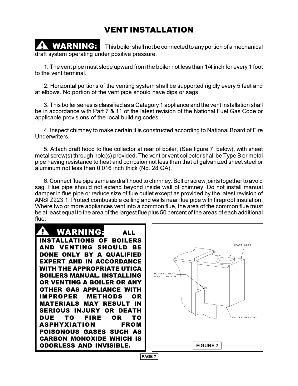 Vent installation warning, Warning | Utica PEG-C User Manual | Page 9 / 28
