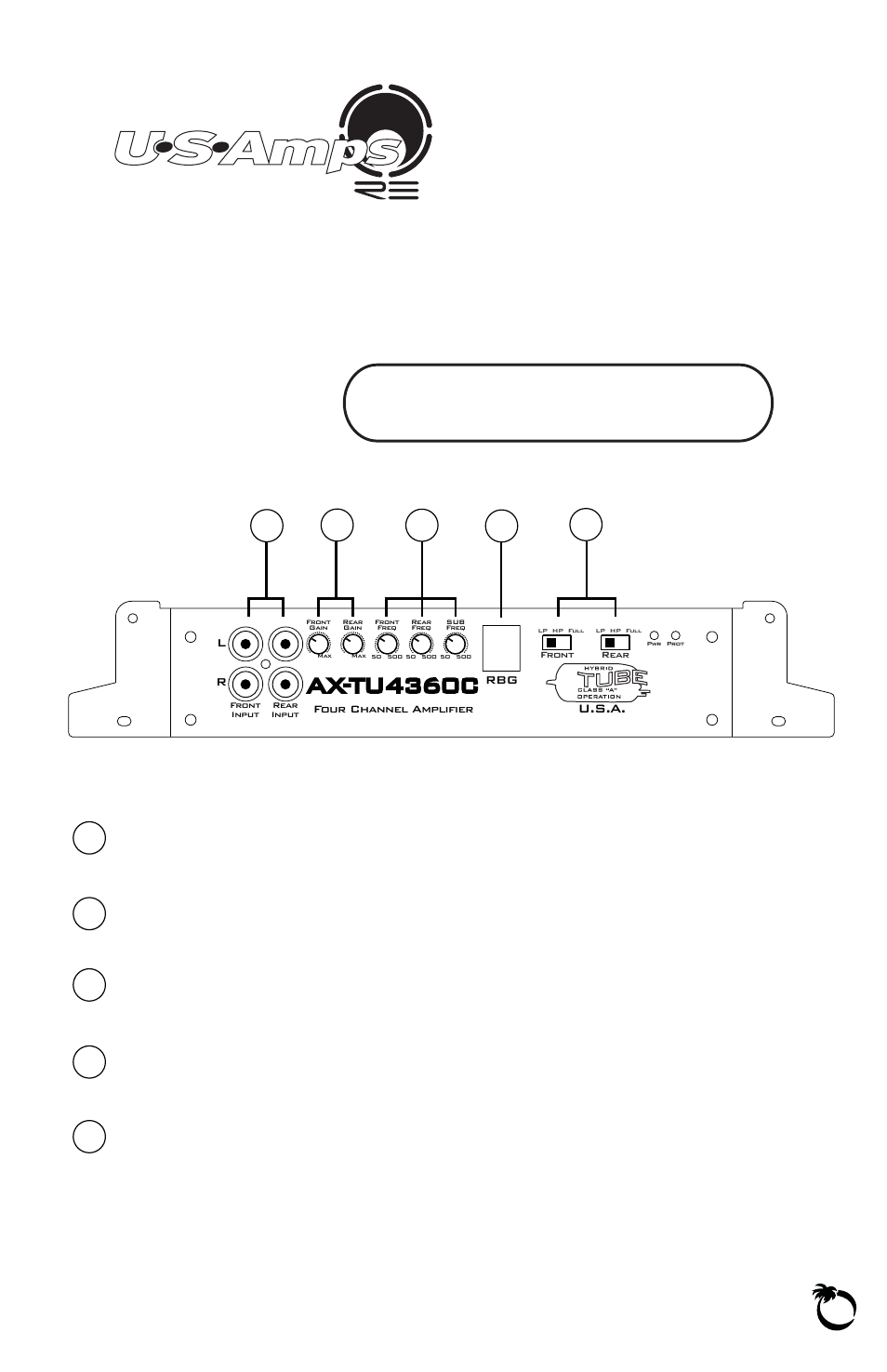 6amplifier input, 12 input gain, 3 low-pass crossover control | 4 remote bass gain, 5 low-pass crossover 3-way switch, Warning | US Amps AX User Manual | Page 7 / 20