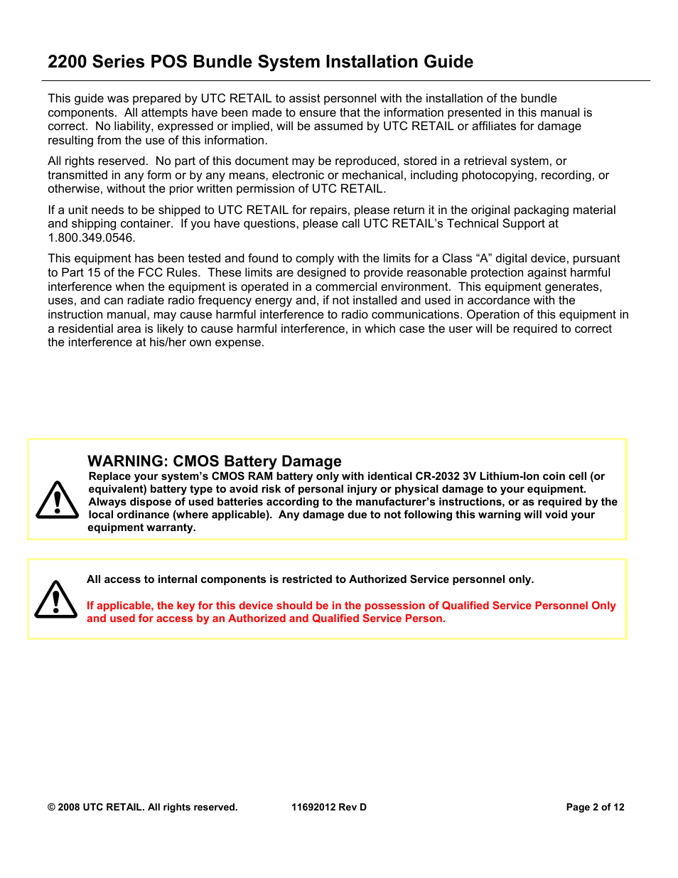 2200 series pos bundle system installation guide, Warning: cmos battery damage | Ultimate Technology 2200 User Manual | Page 2 / 12