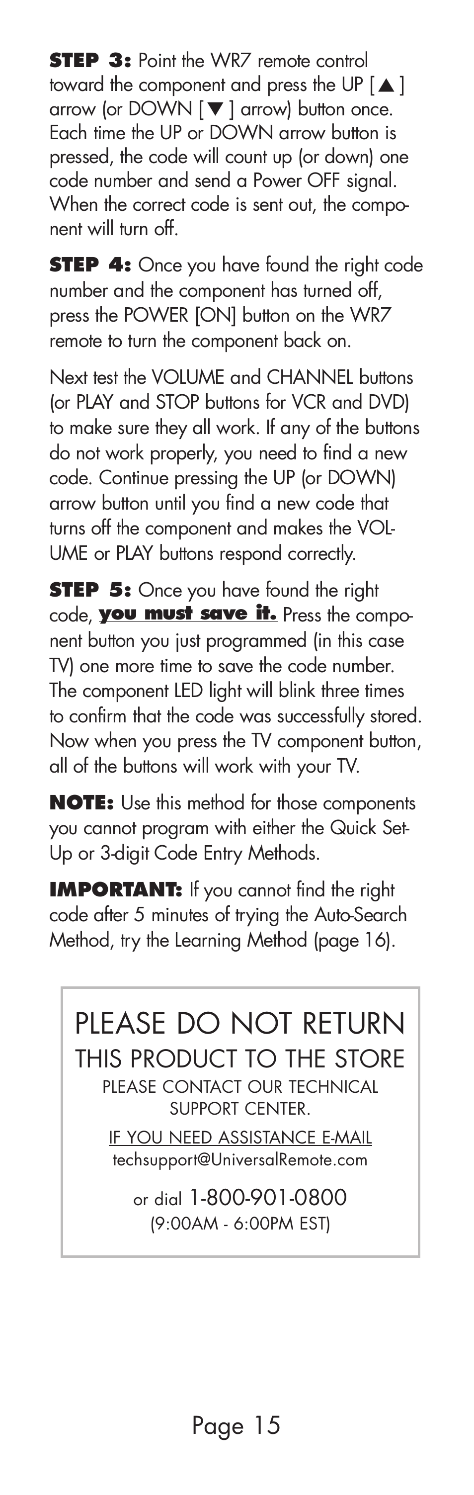 Please do not return, Page 15, This product to the store | Universal Remote Control (URS) WR7 User Manual | Page 15 / 52