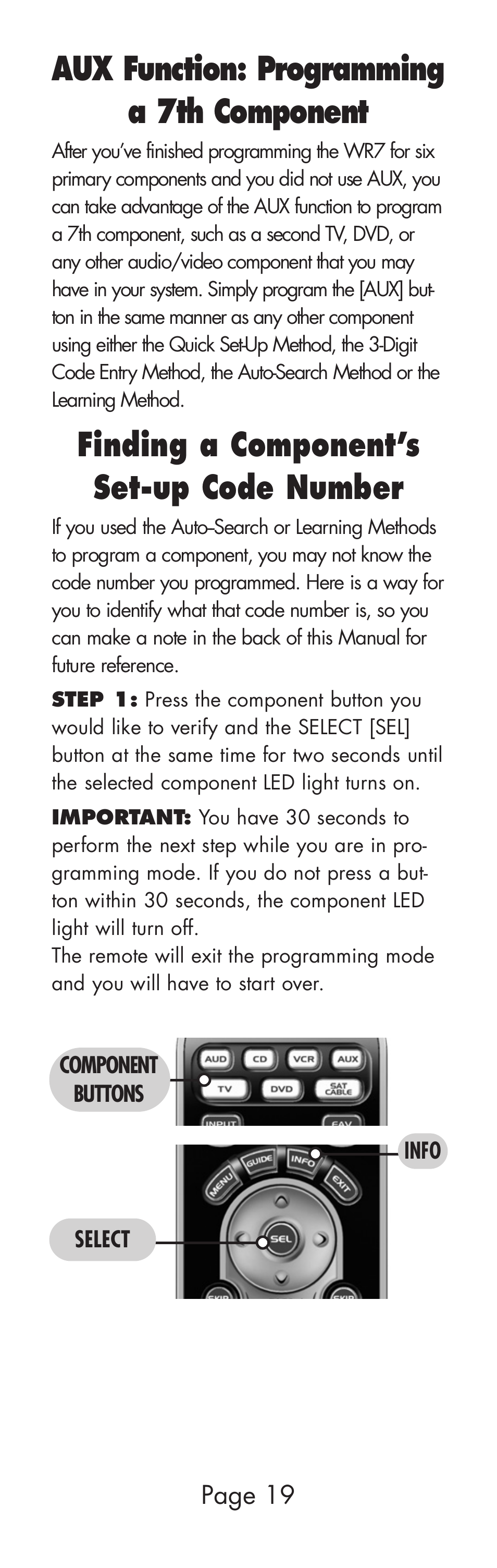 Aux function: programming a 7th component, Finding a component’s set-up code number | Universal Remote Control (URS) WR7 User Manual | Page 19 / 52