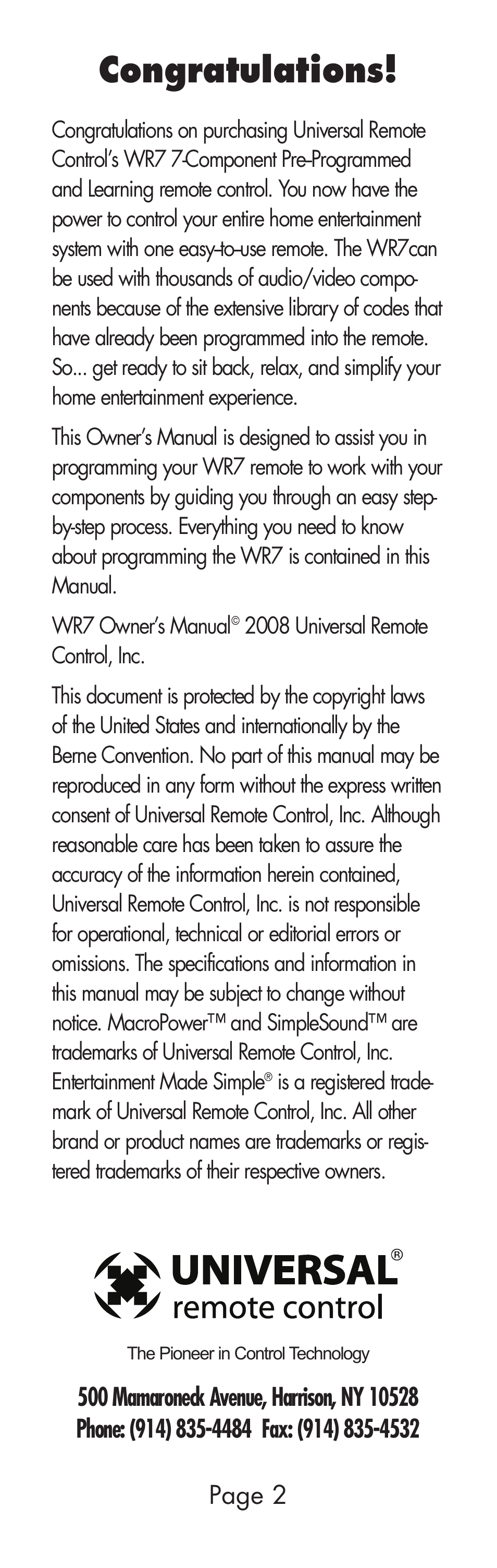 Page 2 | Universal Remote Control (URS) WR7 User Manual | Page 2 / 52