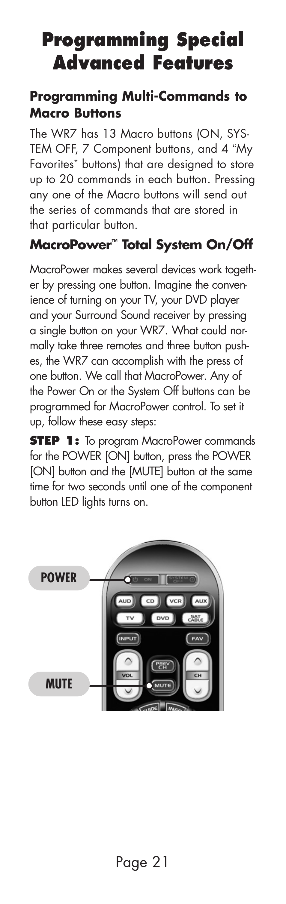 Programming special advanced features | Universal Remote Control (URS) WR7 User Manual | Page 21 / 52