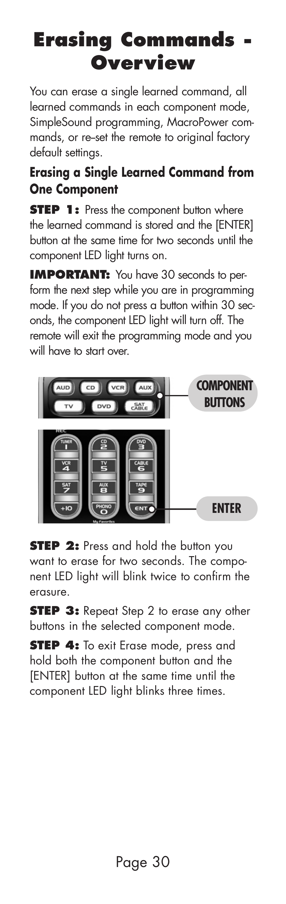 Erasing commands - overview, Page 30 | Universal Remote Control (URS) WR7 User Manual | Page 30 / 52