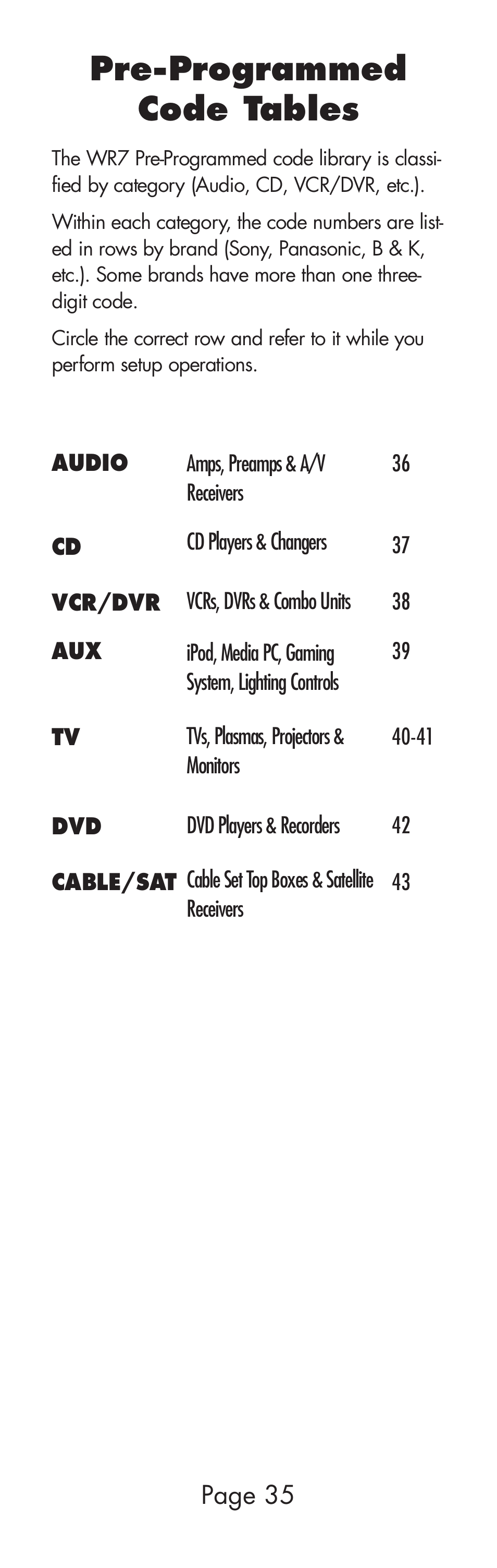 Pre-programmed code tables | Universal Remote Control (URS) WR7 User Manual | Page 35 / 52
