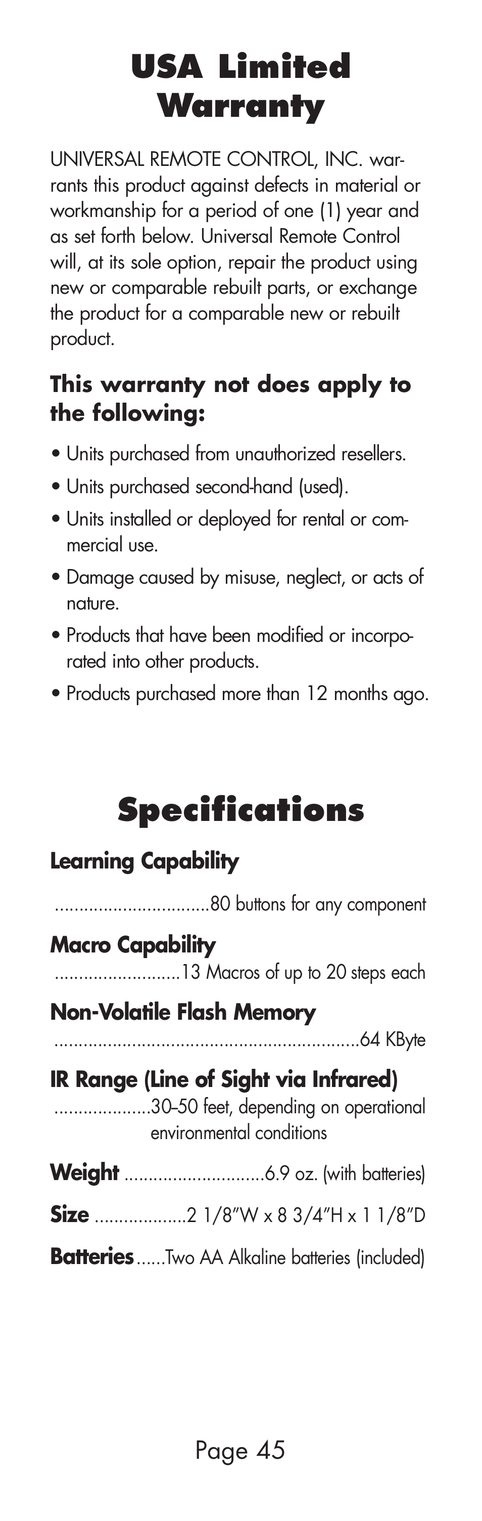 Usa limited warranty, Specifications, Page 45 | Universal Remote Control (URS) WR7 User Manual | Page 45 / 52