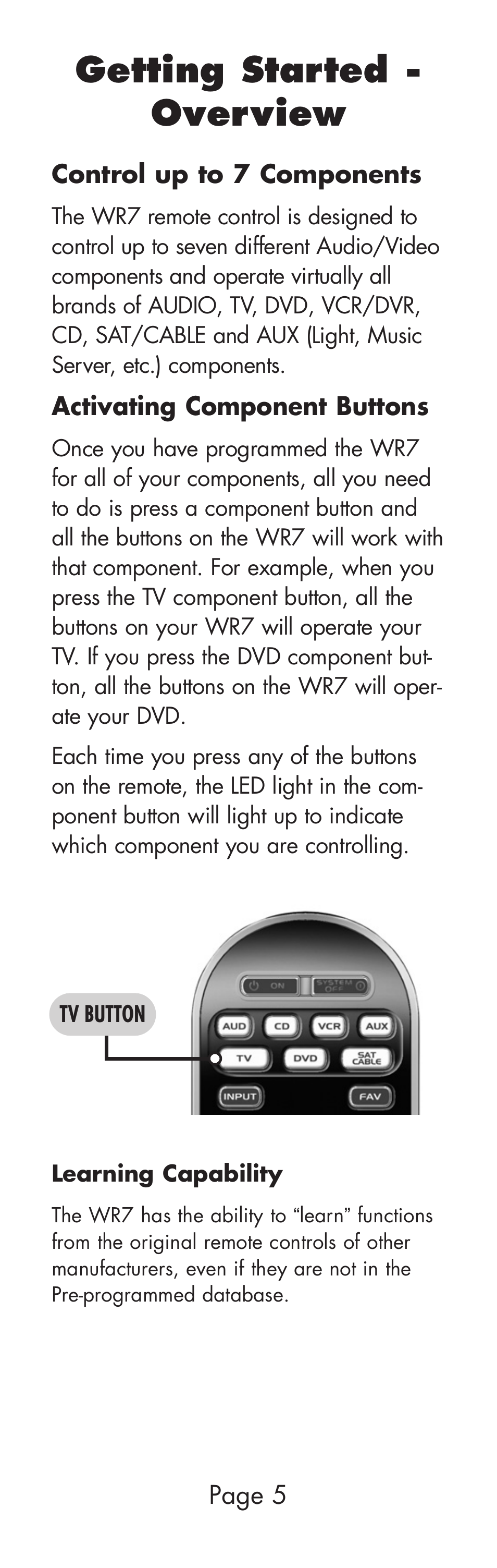 Getting started - overview | Universal Remote Control (URS) WR7 User Manual | Page 5 / 52