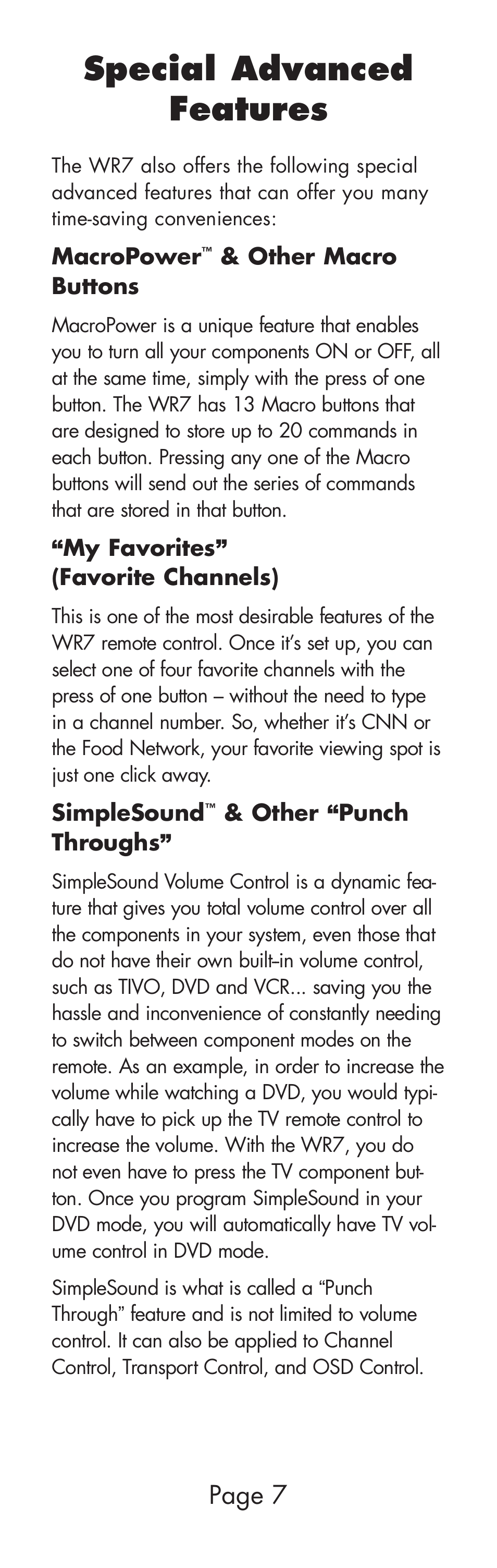 Special advanced features, Page 7 | Universal Remote Control (URS) WR7 User Manual | Page 7 / 52