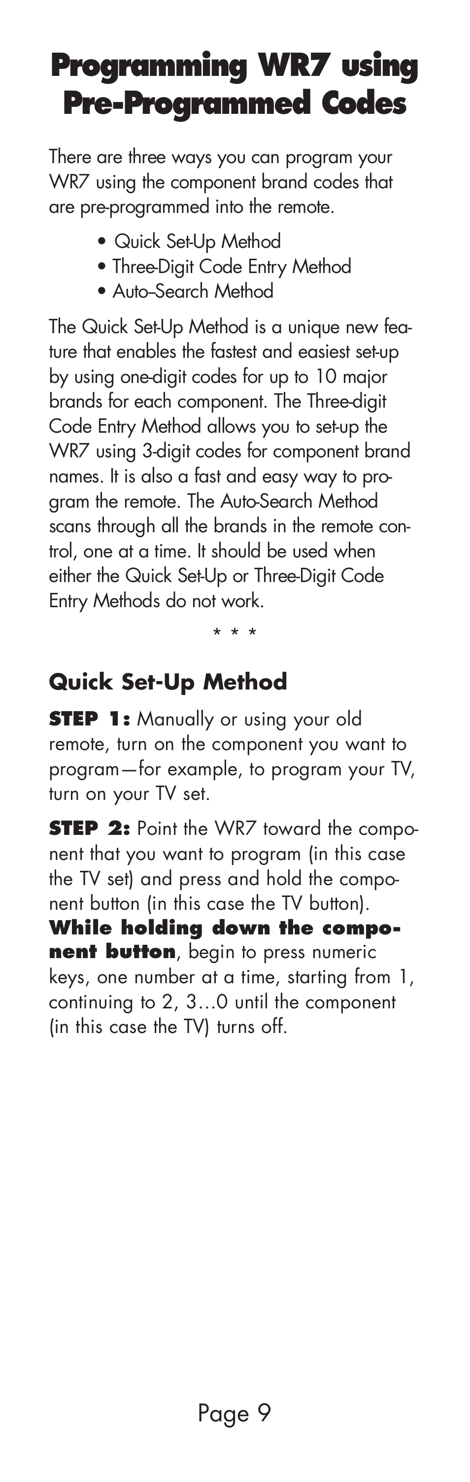 Programming wr7 using pre-programmed codes, Page 9 | Universal Remote Control (URS) WR7 User Manual | Page 9 / 52