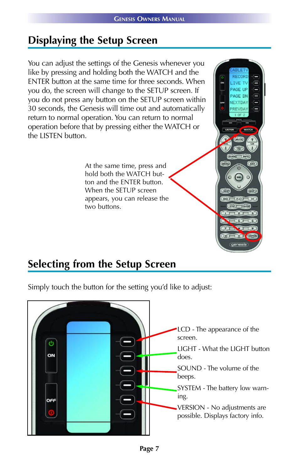 Displaying the setup screen, Selecting from the setup screen | Universal Remote Control (URS) URC Professional Line MX900 User Manual | Page 10 / 16