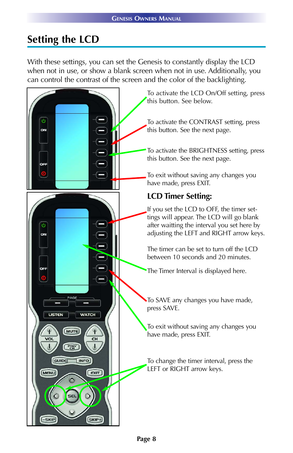 Setting the lcd, Lcd timer setting | Universal Remote Control (URS) URC Professional Line MX900 User Manual | Page 11 / 16