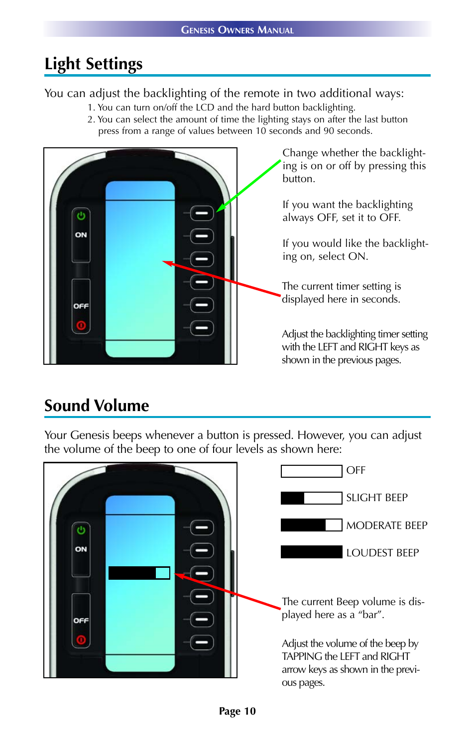 Light settings, Sound volume | Universal Remote Control (URS) URC Professional Line MX900 User Manual | Page 13 / 16