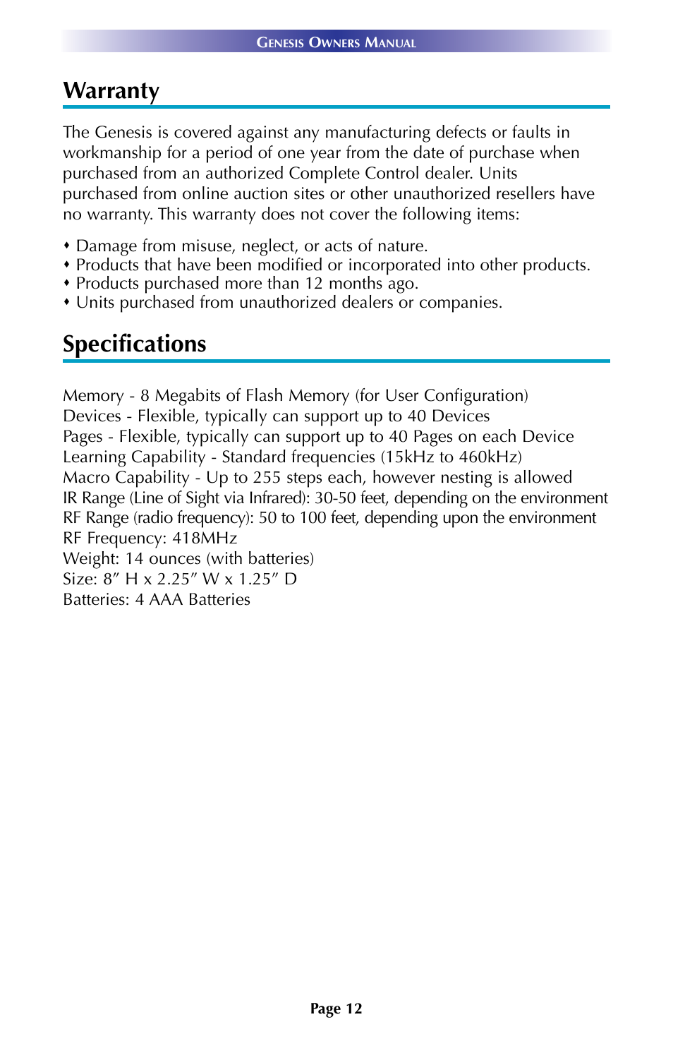 Warranty, Specifications | Universal Remote Control (URS) URC Professional Line MX900 User Manual | Page 15 / 16