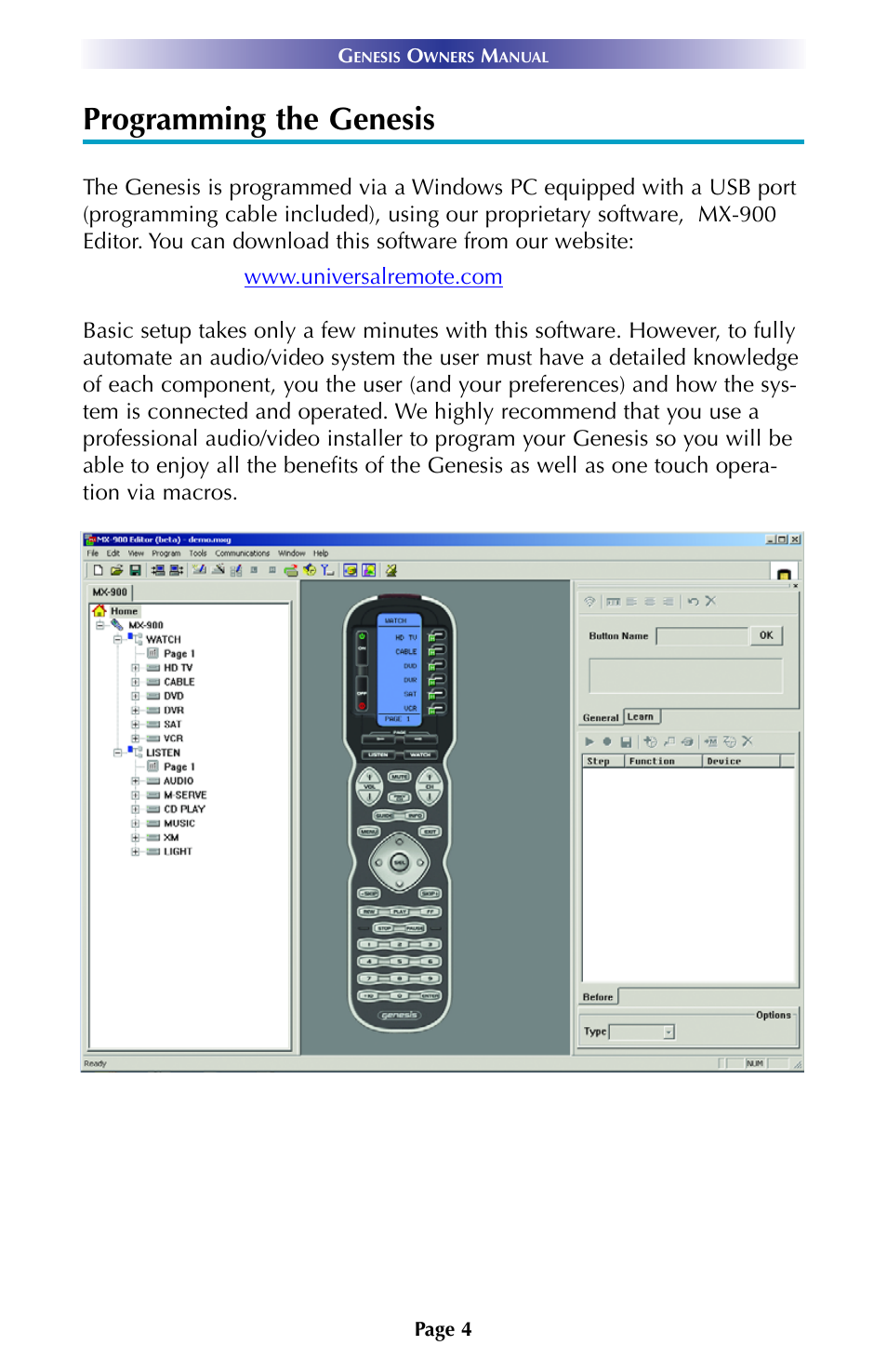 Programming the genesis | Universal Remote Control (URS) URC Professional Line MX900 User Manual | Page 7 / 16