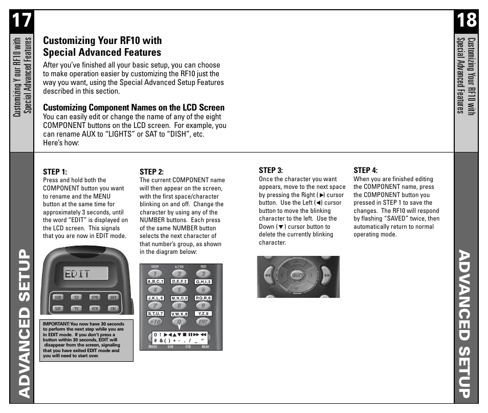 Adv anced setup adv anced setup | Universal Remote Control (URS) RF10 User Manual | Page 10 / 36