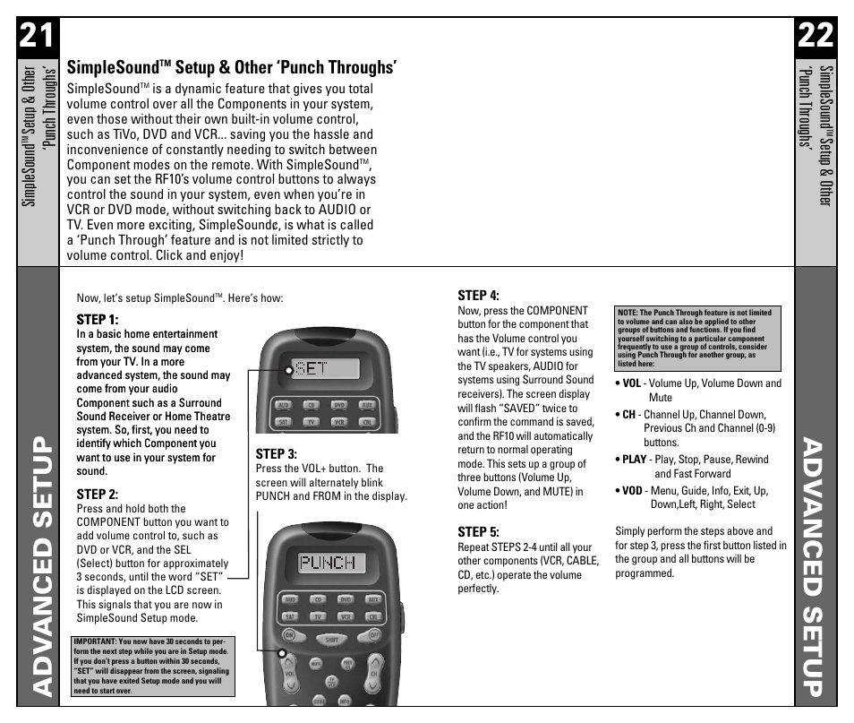 Adv anced setup adv anced setup, Simplesound, Setup & other ‘punch throughs | Universal Remote Control (URS) RF10 User Manual | Page 12 / 36