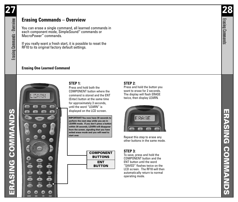 Erasing commands, Erasing commands – overview | Universal Remote Control (URS) RF10 User Manual | Page 15 / 36