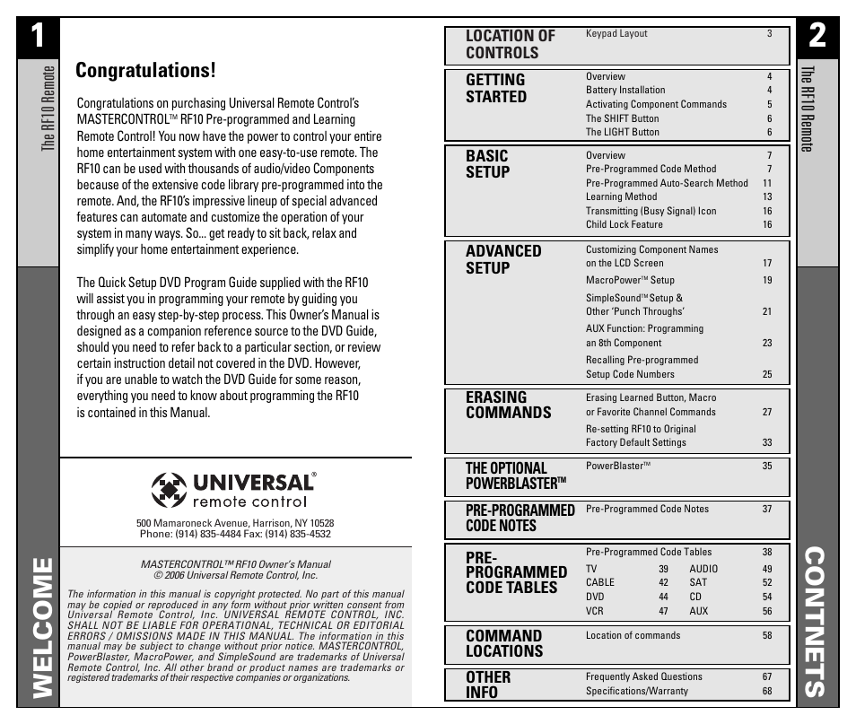 Welcome contnets, The rf10 remote, Location of controls | Getting started, Basic setup, Advanced setup, Erasing commands, The optional powerblaster, Pre- programmed code tables, Command locations | Universal Remote Control (URS) RF10 User Manual | Page 2 / 36