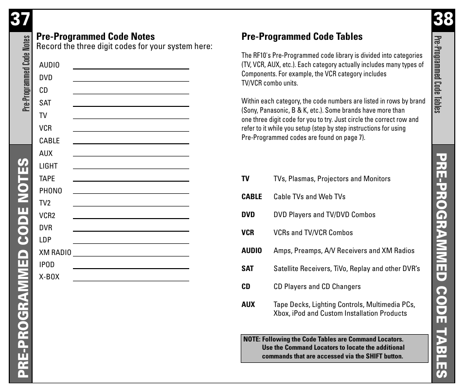 Pre-programmed code t ables | Universal Remote Control (URS) RF10 User Manual | Page 20 / 36