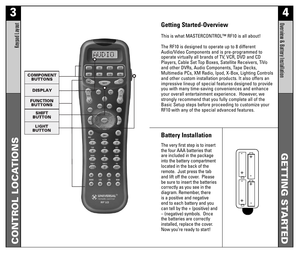 Control loca tions getting st ar ted | Universal Remote Control (URS) RF10 User Manual | Page 3 / 36