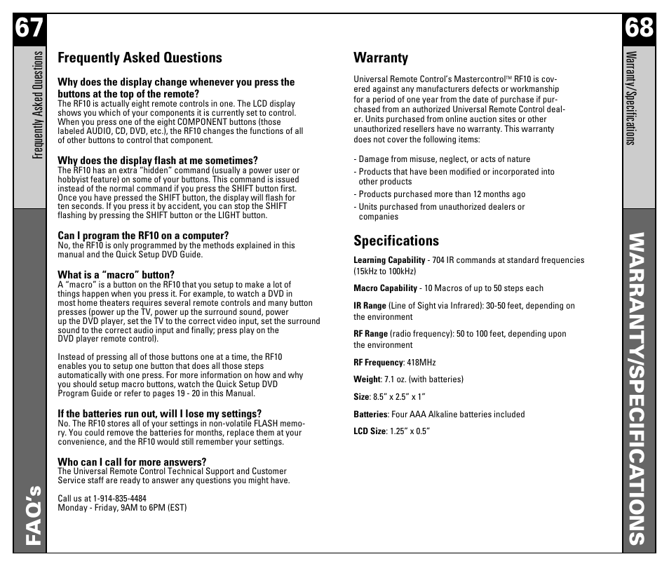 W arranty/specifica tions, Faq’ s, Frequently asked questions | Warranty, Specifications | Universal Remote Control (URS) RF10 User Manual | Page 35 / 36