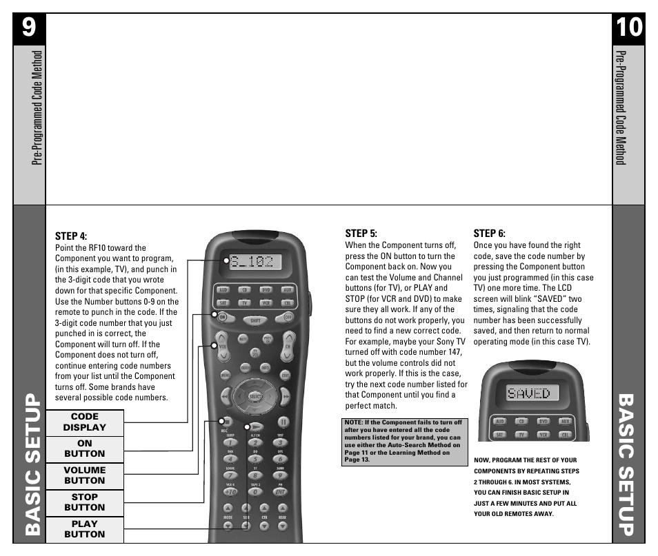 Basic setup, Pr e-pr ogr ammed code method | Universal Remote Control (URS) RF10 User Manual | Page 6 / 36