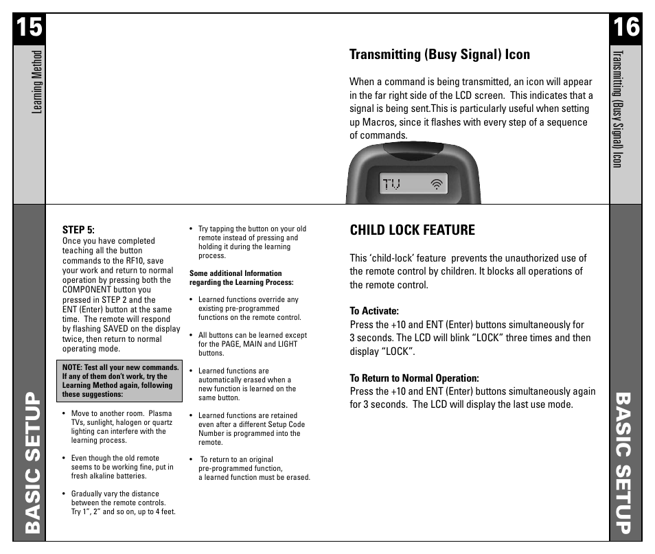 Basic setup, Child lock feature, Lear ning method | Transmitting (busy signal) icon | Universal Remote Control (URS) RF10 User Manual | Page 9 / 36