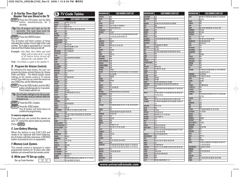 Tv code tables 6, D. program the volume controls, E. low battery warning | G. write your tv set-up codes | Universal Remote Control (URS) UR2-CBL-CV02 User Manual | Page 2 / 2