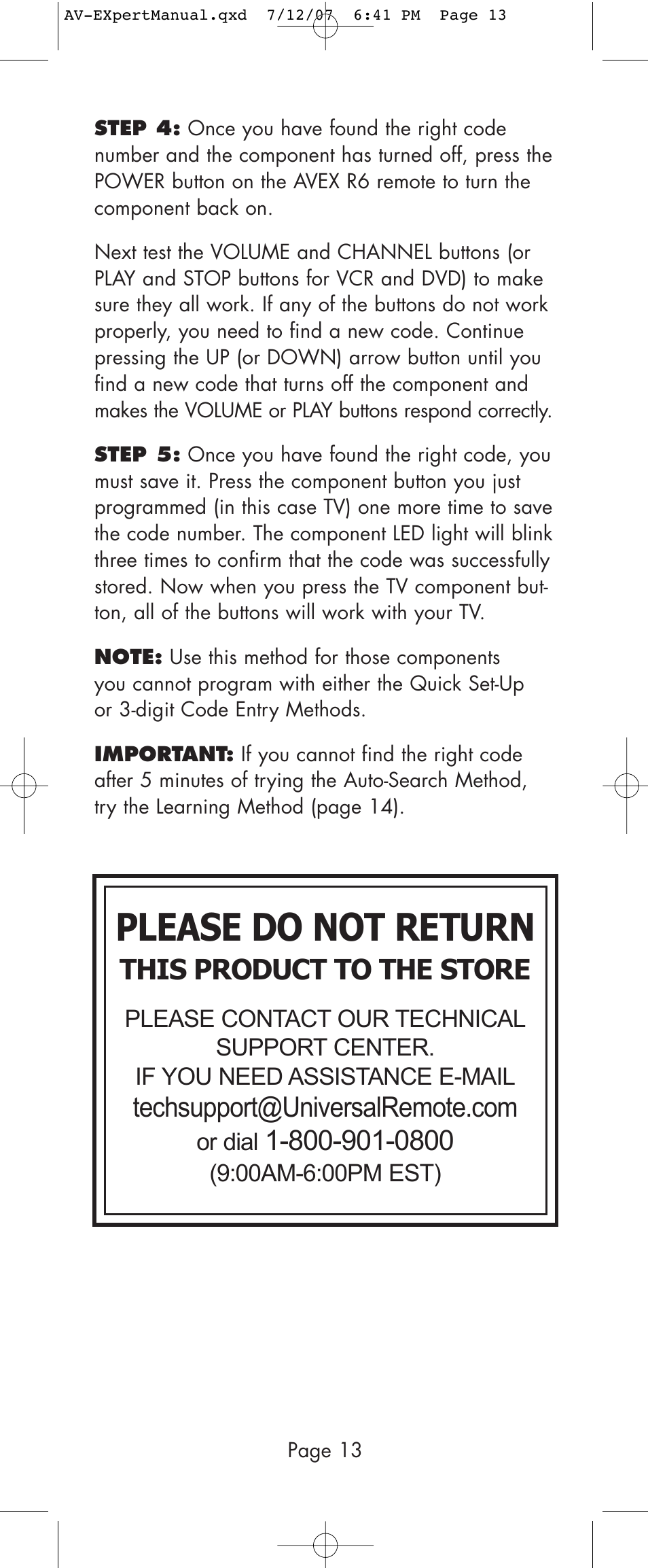 Please do not return, This product to the store | Universal Remote Control (URS) AVEX R6 User Manual | Page 13 / 44