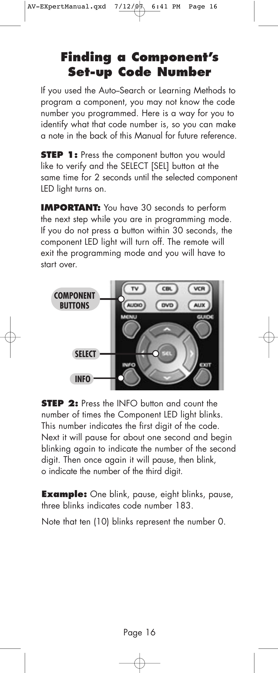 Finding a component’s set-up code number | Universal Remote Control (URS) AVEX R6 User Manual | Page 16 / 44