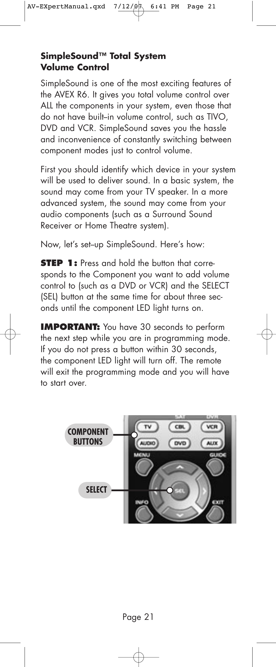 Universal Remote Control (URS) AVEX R6 User Manual | Page 21 / 44