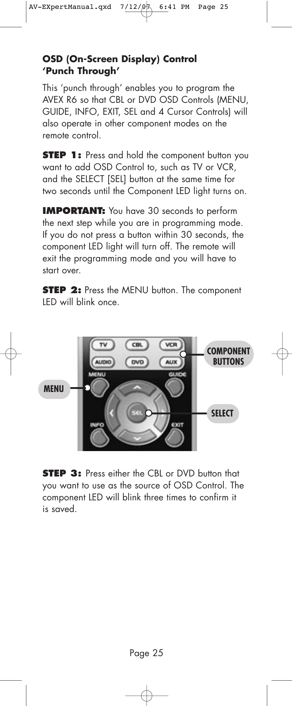 Universal Remote Control (URS) AVEX R6 User Manual | Page 25 / 44