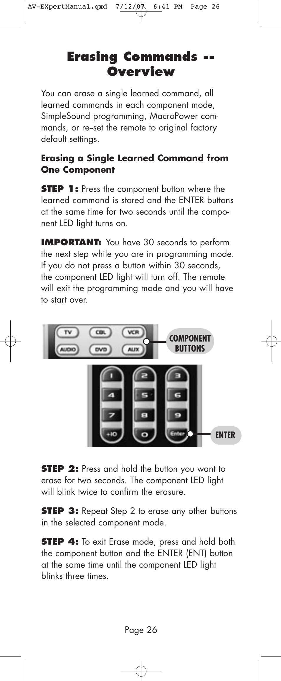 Erasing commands -- overview | Universal Remote Control (URS) AVEX R6 User Manual | Page 26 / 44