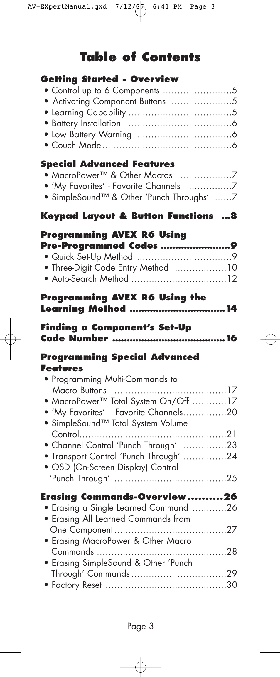 Universal Remote Control (URS) AVEX R6 User Manual | Page 3 / 44