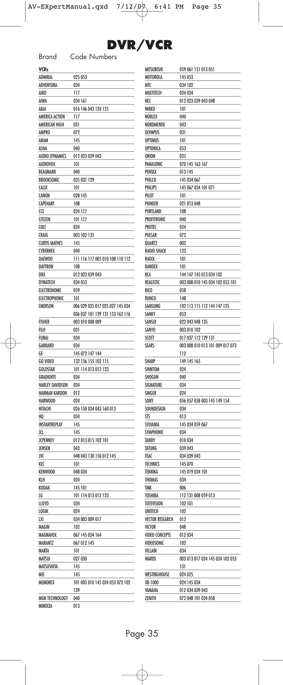 Dvr/vcr, Page 35, Brand code numbers | Universal Remote Control (URS) AVEX R6 User Manual | Page 35 / 44