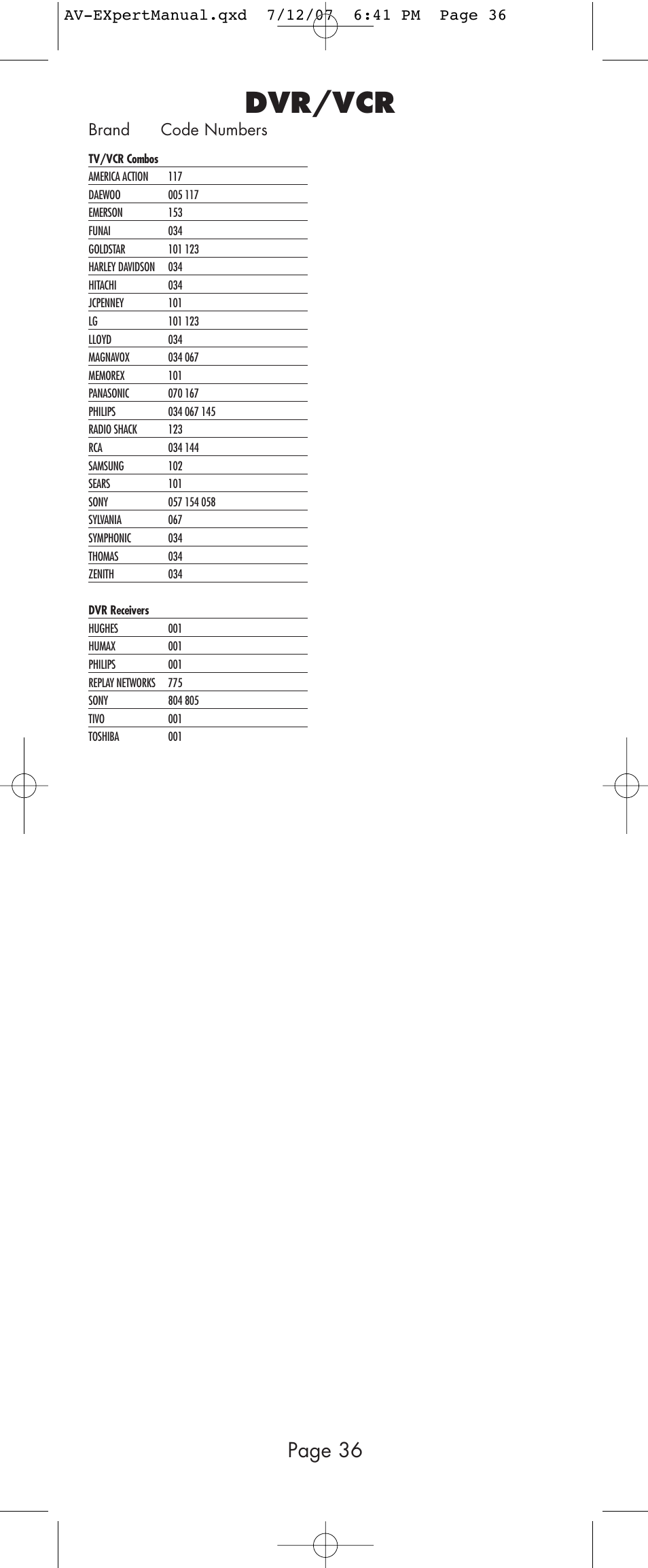 Dvr/vcr, Page 36 | Universal Remote Control (URS) AVEX R6 User Manual | Page 36 / 44