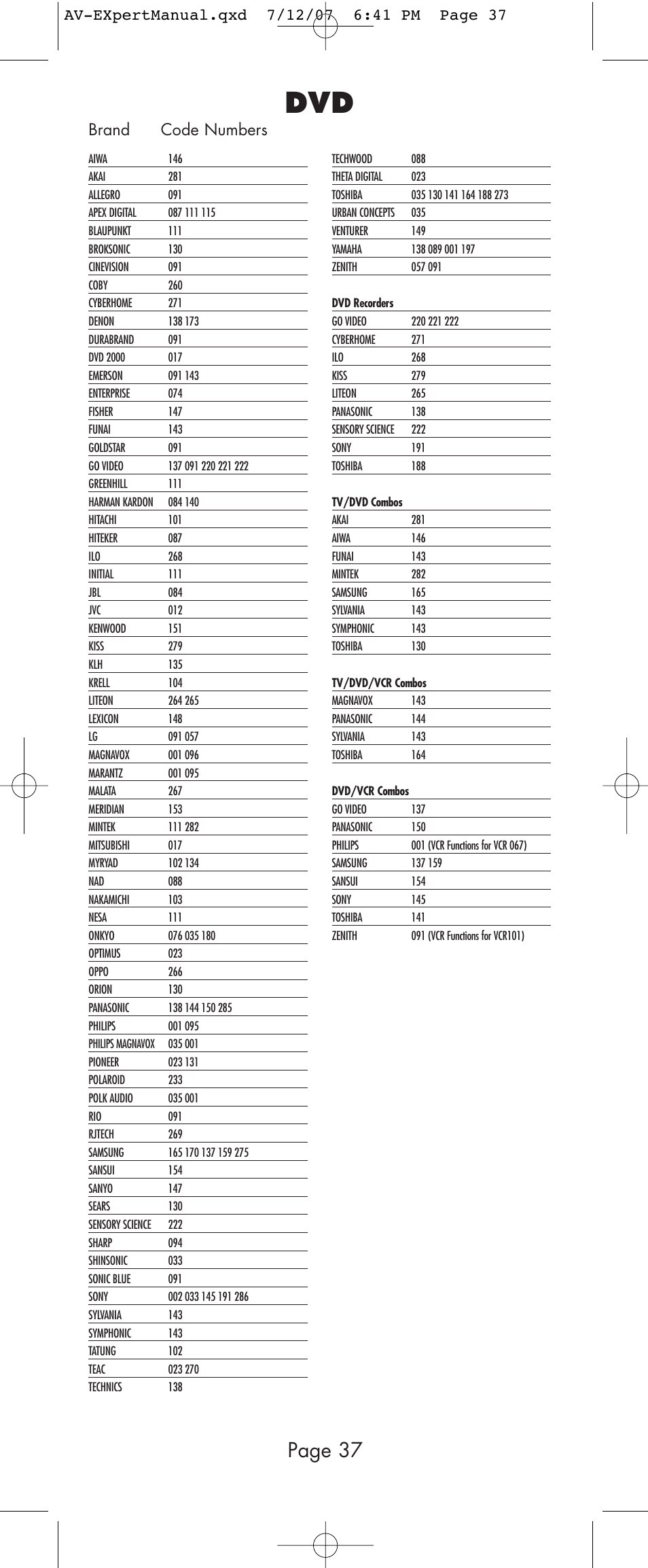 Page 37, Brand code numbers | Universal Remote Control (URS) AVEX R6 User Manual | Page 37 / 44