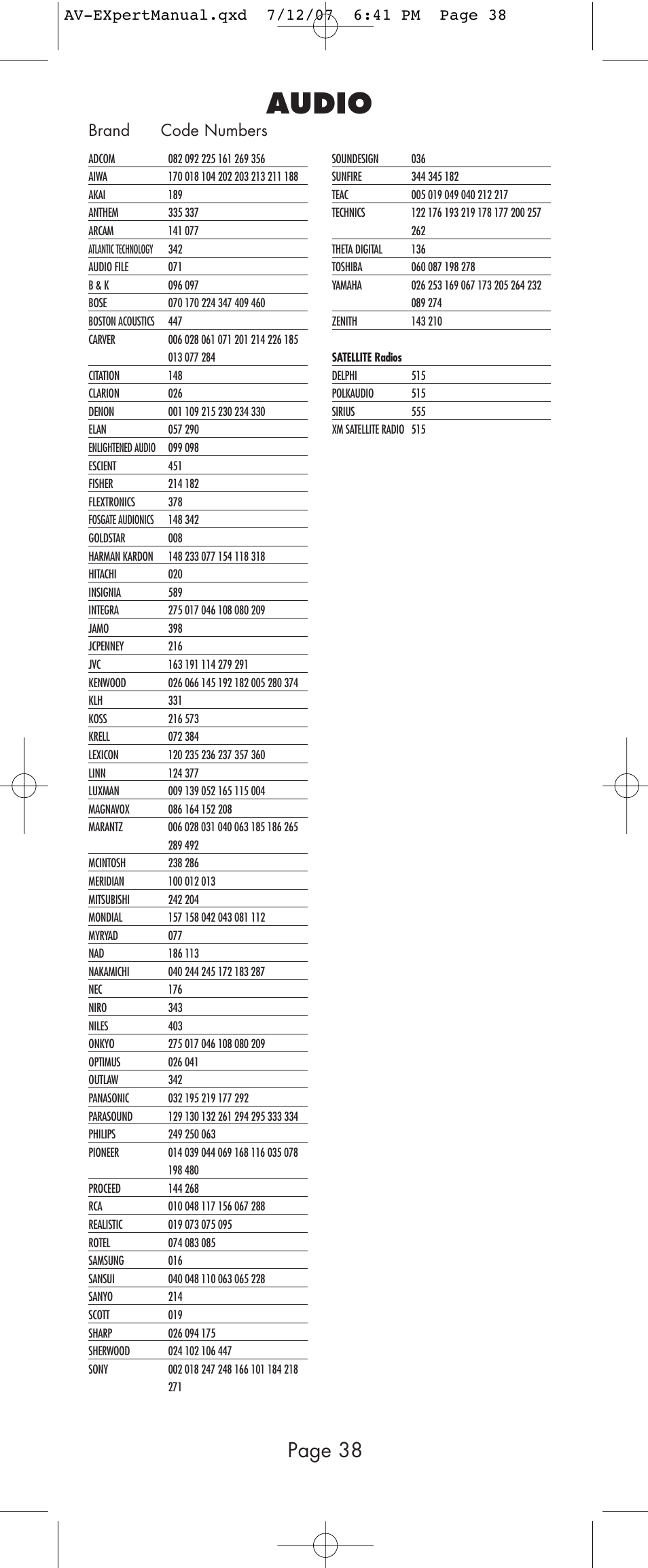 Audio, Page 38, Brand code numbers | Universal Remote Control (URS) AVEX R6 User Manual | Page 38 / 44