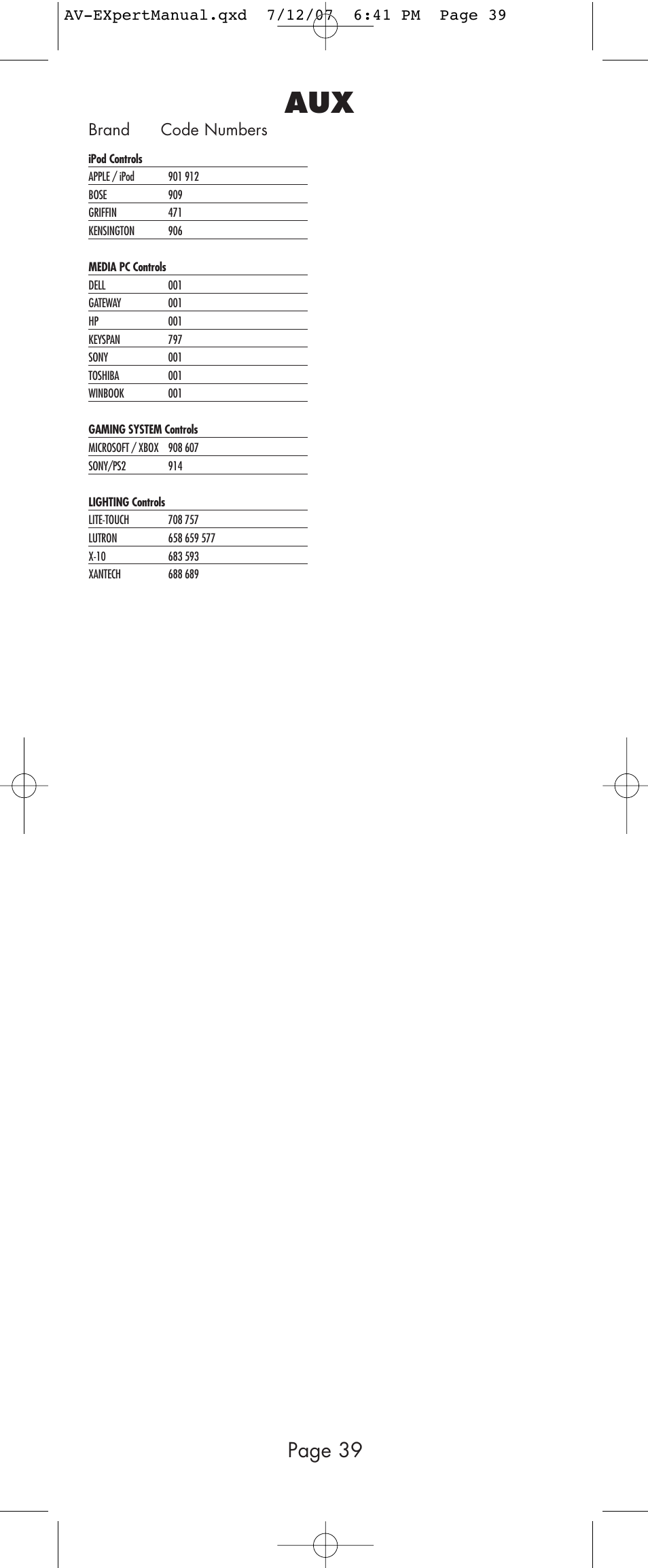 Page 39, Brand code numbers | Universal Remote Control (URS) AVEX R6 User Manual | Page 39 / 44