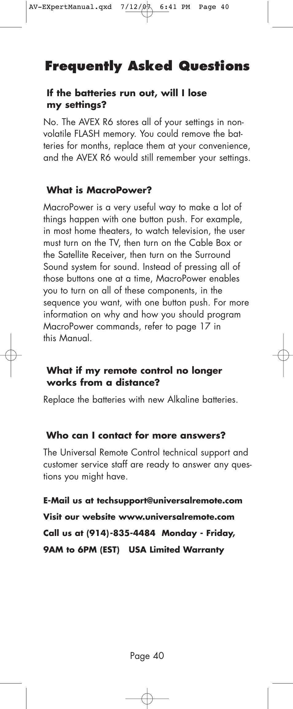 Frequently asked questions | Universal Remote Control (URS) AVEX R6 User Manual | Page 40 / 44