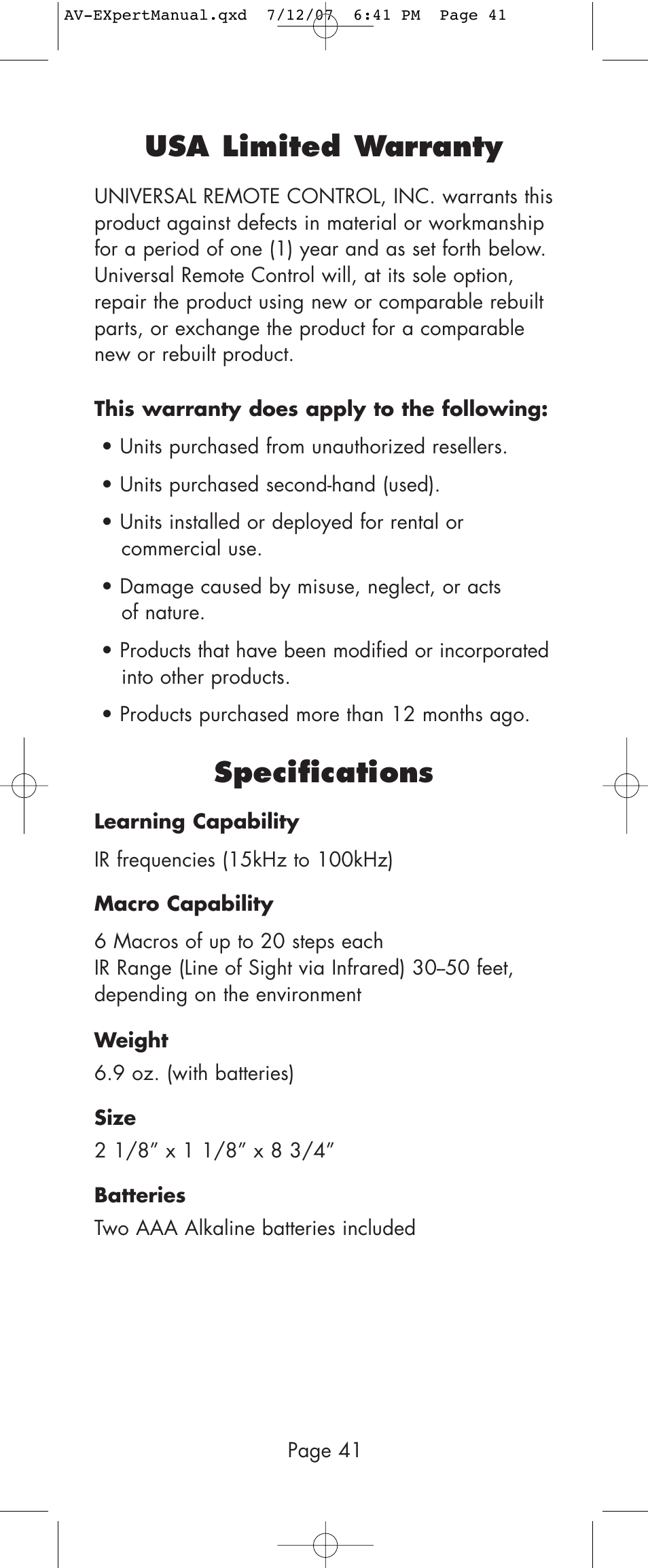 Usa limited warranty, Specifications | Universal Remote Control (URS) AVEX R6 User Manual | Page 41 / 44