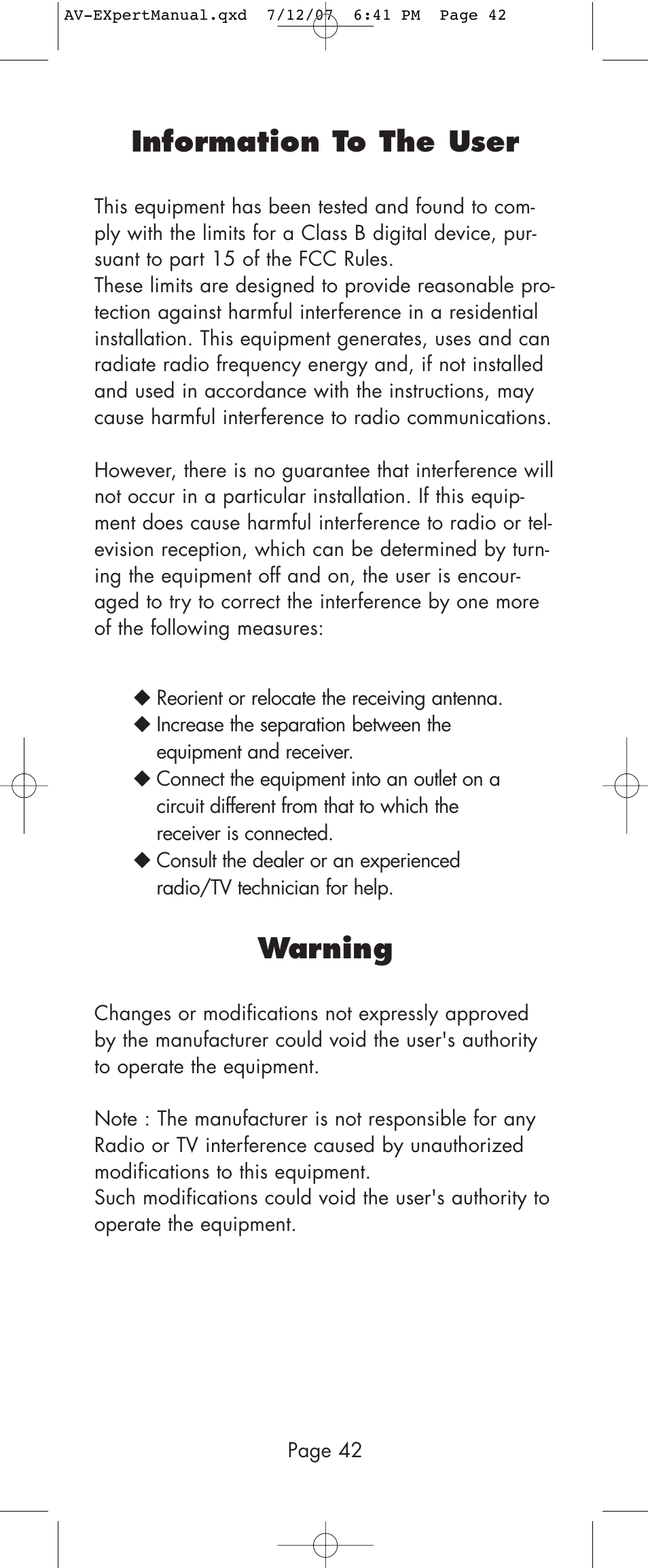 Information to the user, Warning | Universal Remote Control (URS) AVEX R6 User Manual | Page 42 / 44