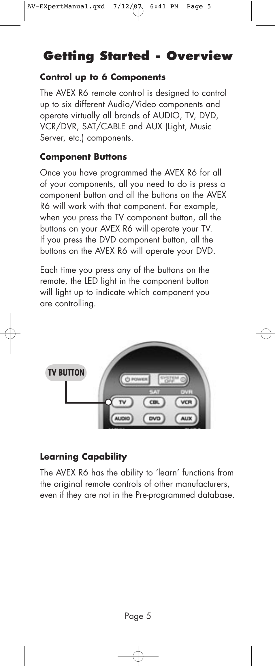 Getting started - overview | Universal Remote Control (URS) AVEX R6 User Manual | Page 5 / 44