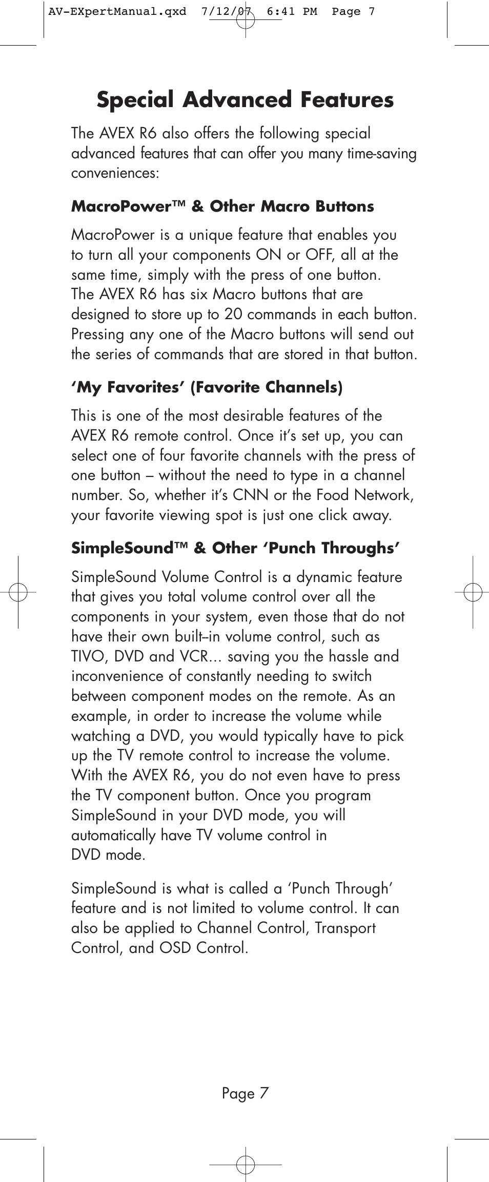 Special advanced features | Universal Remote Control (URS) AVEX R6 User Manual | Page 7 / 44