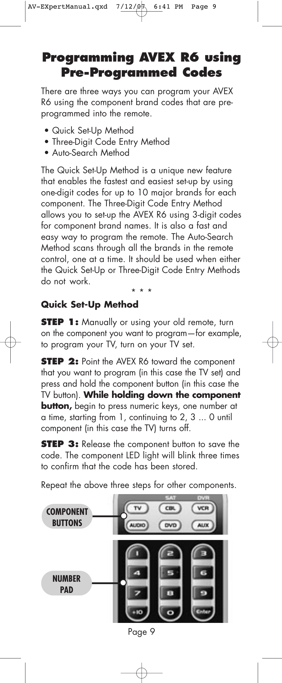 Programming avex r6 using pre-programmed codes | Universal Remote Control (URS) AVEX R6 User Manual | Page 9 / 44