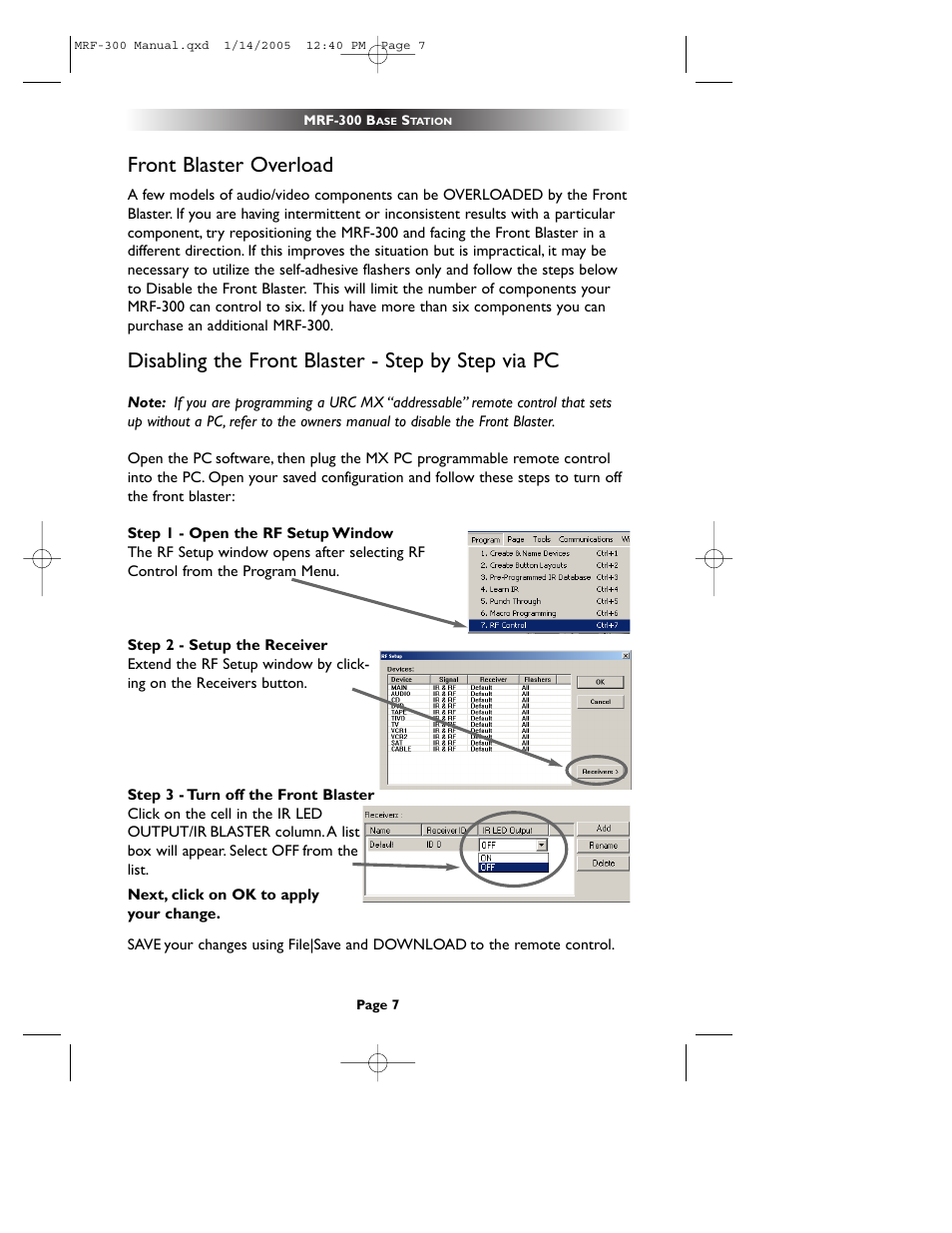 Front blaster overload, Disabling the front blaster, Disabling the front blaster - step by step | Disabling the front blaster - step by step via pc | Universal Remote Control (URS) RFX150 User Manual | Page 10 / 16